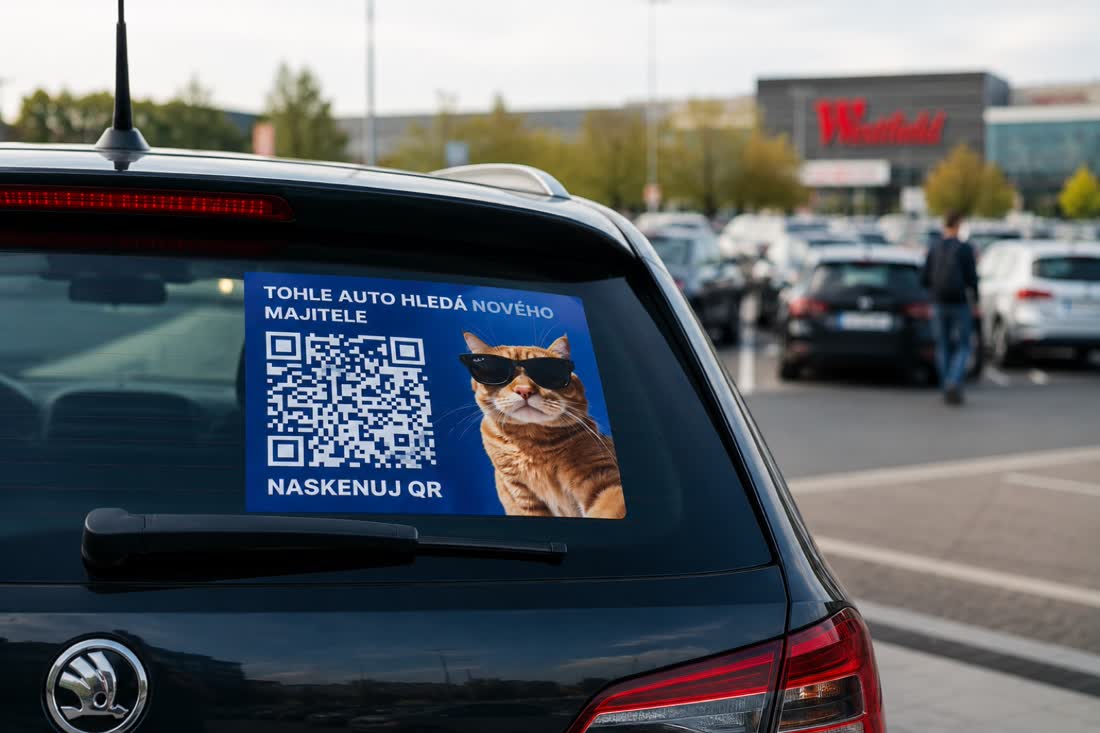 QR nálepka Carview v zadním okně zaparkovaného VW Passat na parkovišti u supermarketu